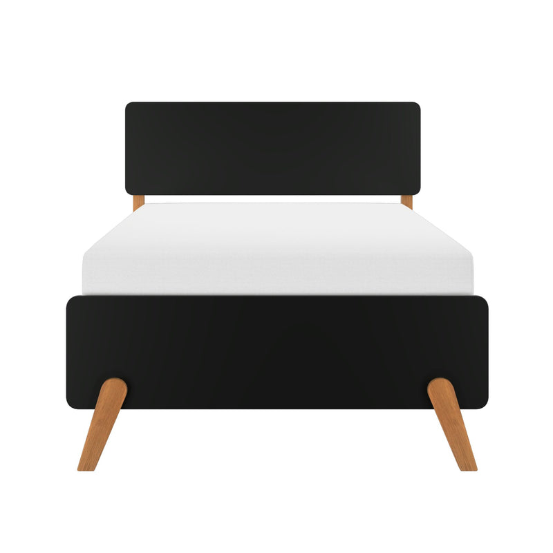 Minimalist mid-century modern black upholstered headboard with tapered oak legs and white mattress on a contemporary bed frame