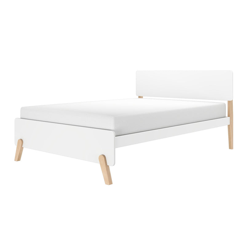 Minimalist white single bed frame with low-profile mattress and natural wood legs