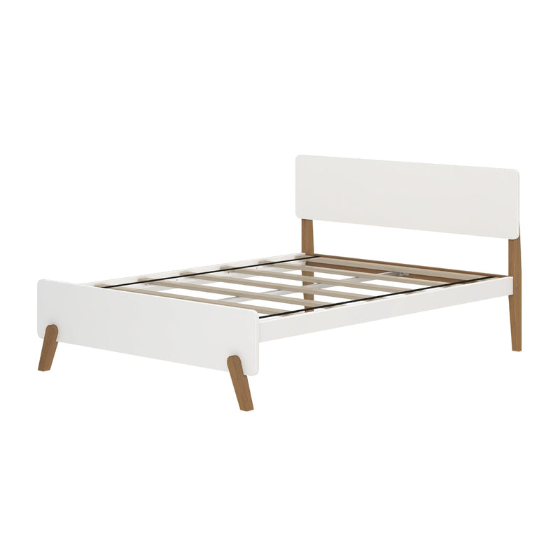 Modern white wooden bed frame with minimalist design and angled legs, suitable for contemporary bedroom decor.