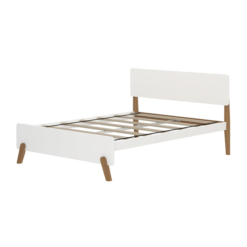 White wooden platform bed frame with slatted base, minimalist headboard and mid‑century modern oak legs — modern bedroom furniture