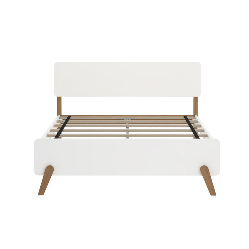 Modern white platform bed with wood legs and headboard.