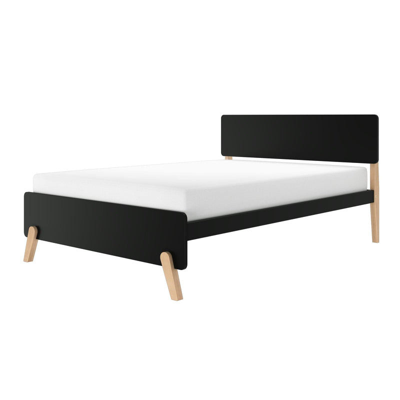 Modern black platform bed frame with natural wooden legs and white mattress — minimalist Scandinavian-style bedroom furniture on white background