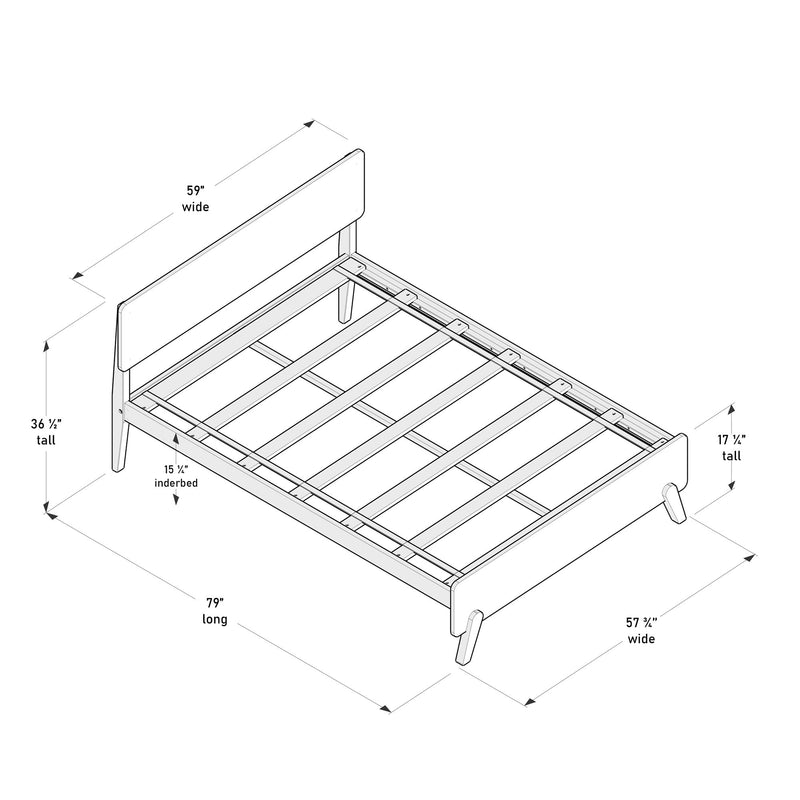 Bed frame assembly diagram showing wooden slatted platform bed with headboard and labeled dimensions (59 in headboard width, 79 in overall length, 57.75 in frame width) — furniture assembly dimensional blueprint