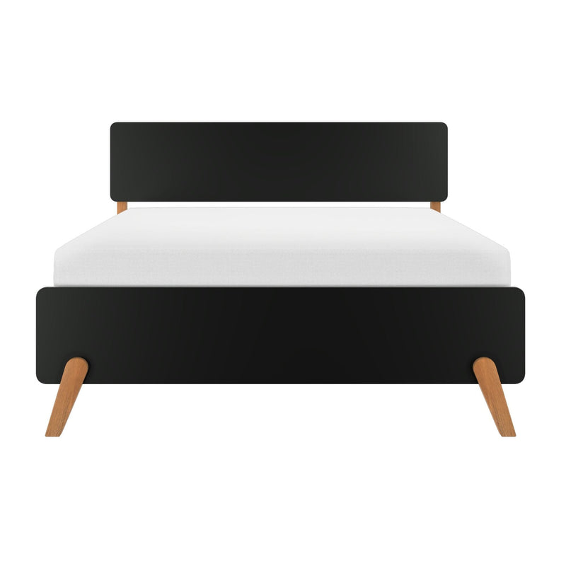 Modern black platform bed frame with tapered wooden legs and white mattress, minimalist mid-century bedroom furniture, front view on white background