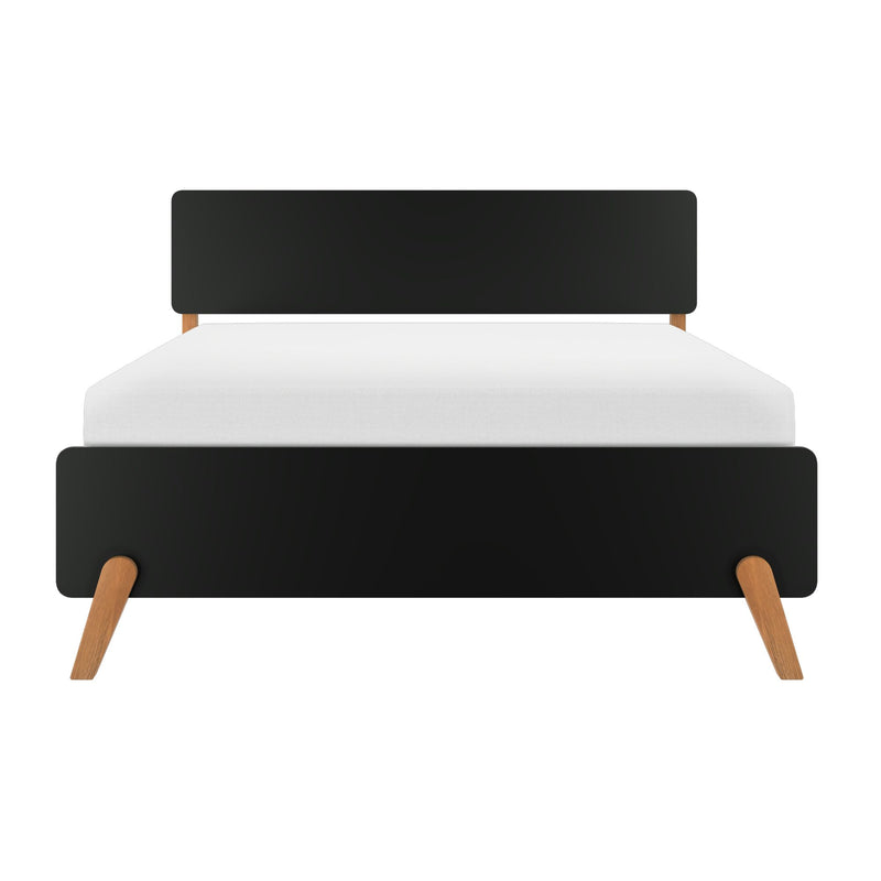 Modern black platform bed frame with rounded headboard and footboard, tapered oak legs and white mattress, minimalist Scandinavian bedroom design