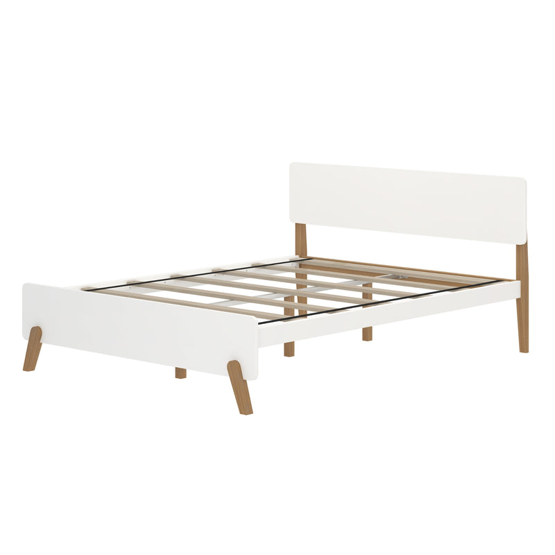 White mid-century modern platform bed frame with slatted wooden base, minimalist headboard, and tapered oak legs for a modern bedroom