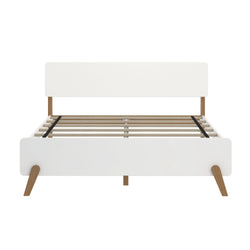 Mid-century modern white wooden bed frame with angled legs and headboard.