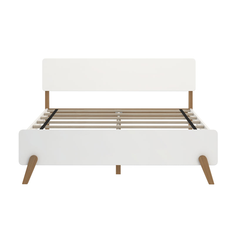 White mid-century modern platform bed frame with wooden angled legs, rectangular headboard and slatted wood mattress support, front view