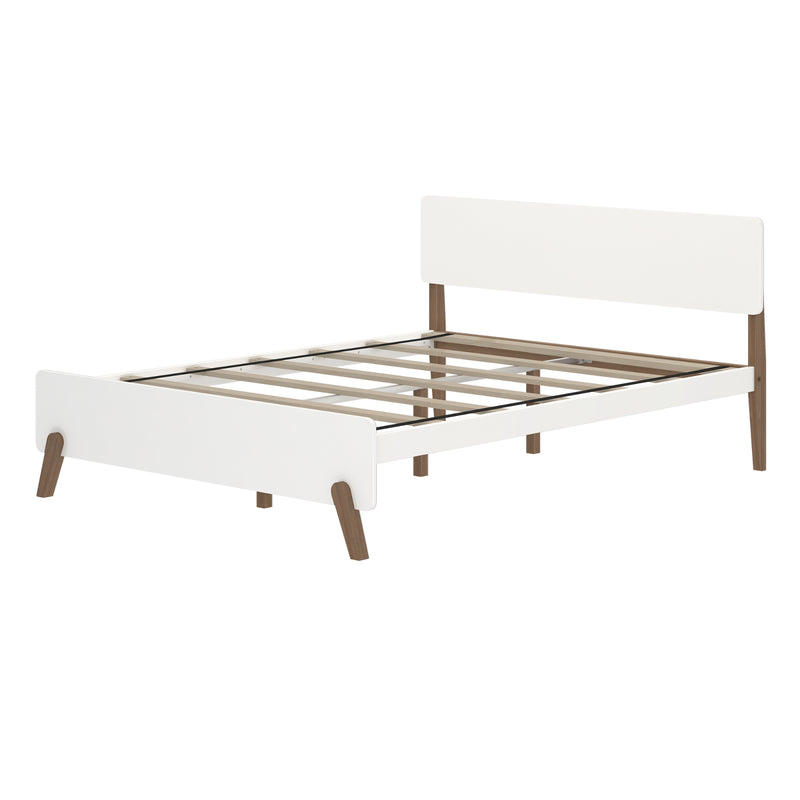 White wooden platform bed frame with slatted base, walnut-tone tapered legs and simple headboard — minimalist modern bedroom furniture