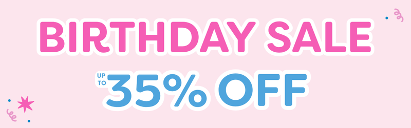 Birthday sale banner with bold pink and blue text reading "Up to 35% off" — limited-time discount promotion, shop now