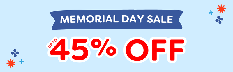 Memorial Day sale banner showing "UP TO 45% OFF" in bold red on a light-blue background with a blue ribbon and decorative stars
