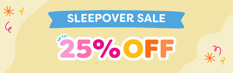 Sleepover Sale banner — up to 25% off promotional graphic with bold pink, orange and blue text and confetti on a beige background