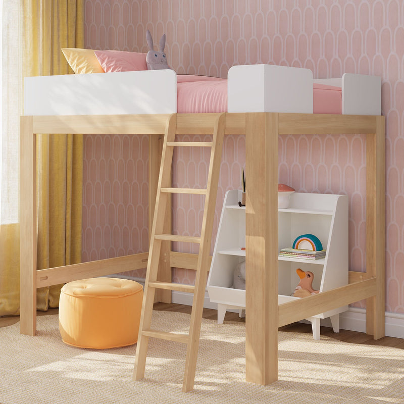 Wooden kids loft bed with ladder, pink bedding, patterned pink wallpaper, yellow curtains and toy storage shelf in a modern children's bedroom