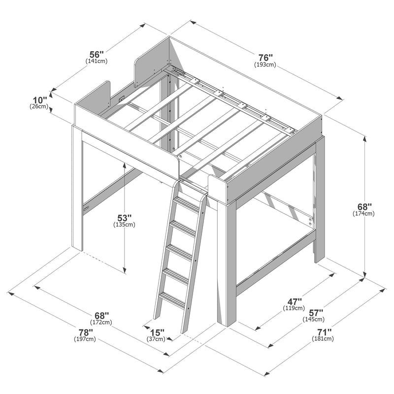 Assembly diagram and dimensions of a wooden loft bed with ladder, guardrails and slats, annotated measurements in inches and centimeters