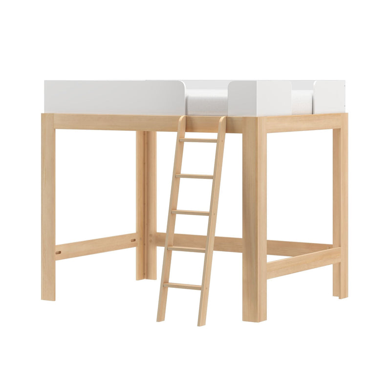 Natural wood loft bed with ladder and white guardrails, minimalist high-sleeper bed frame
