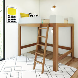 Modern wooden loft bed with ladder in a cozy bedroom featuring geometric decor and stylish lighting.