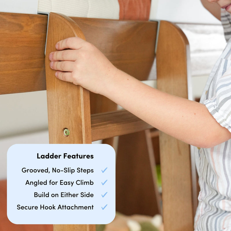 Child climbing wooden bed ladder with no-slip steps and secure hook attachment.