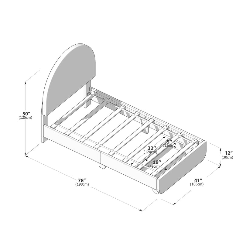 Assembly diagram of a wooden bed frame with arched headboard, slatted mattress support and labeled dimensions in inches and centimeters for easy measurement and assembly