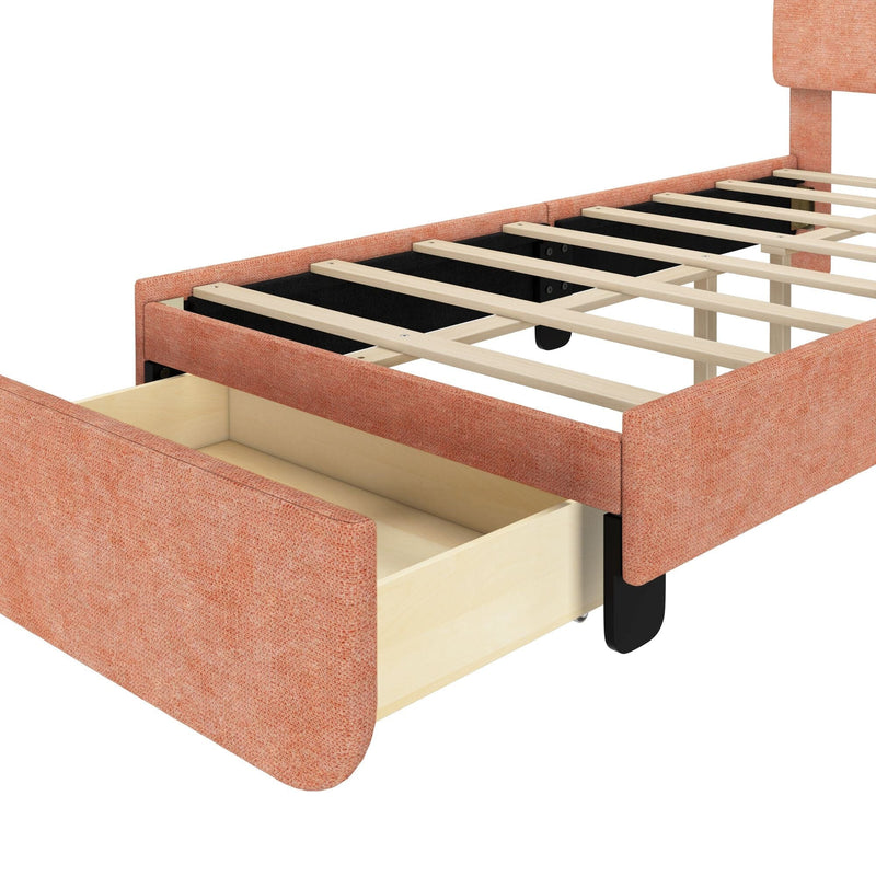 Rustic wooden bed frame with built-in underbed storage drawer.