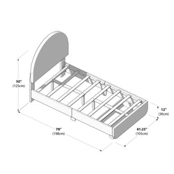 Twin size bed frame dimensions illustration showing width, length, and height in inches and centimeters.