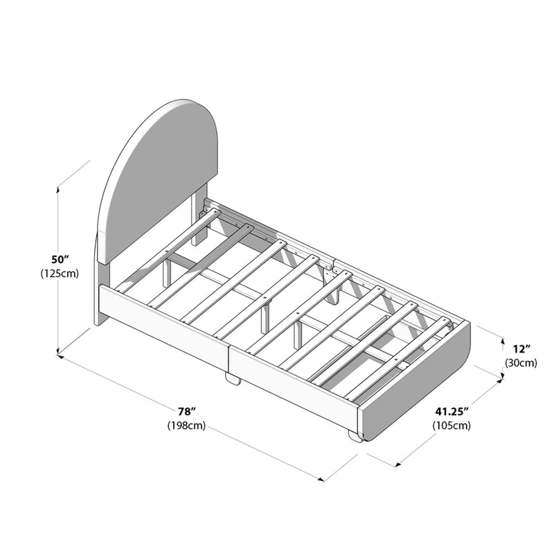 Twin size bed frame dimensions illustration showing width, length, and height in inches and centimeters.