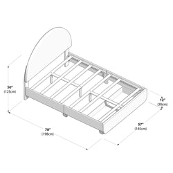 Illustration of a wooden bed frame with exact measurements in inches and centimeters, featuring a high headboard and slatted mattress support.