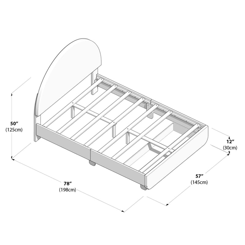 Illustration of a wooden bed frame with exact measurements in inches and centimeters, featuring a high headboard and slatted mattress support.