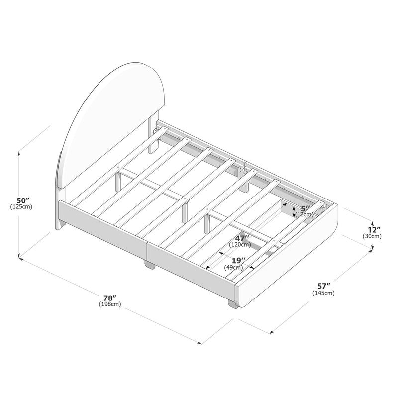 Assembly diagram of wooden platform bed frame with curved headboard and slatted support, labeled dimensions 78" x 57" (198 x 145 cm), 50" (125 cm) headboard height, 12" (30 cm) footboard and 19" (49 cm) internal drawer opening, measurements shown in inches and cm