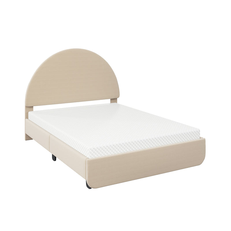 Beige upholstered twin bed with rounded headboard, white mattress, fabric platform frame and caster wheels