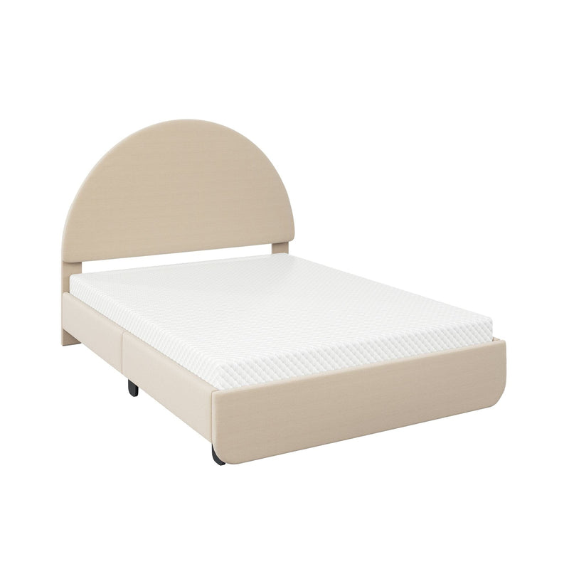 Modern beige upholstered twin bed with rounded arch headboard and white textured mattress