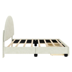 Modern upholstered bed frame with wooden slats and storage drawer, ideal for contemporary bedroom decor.