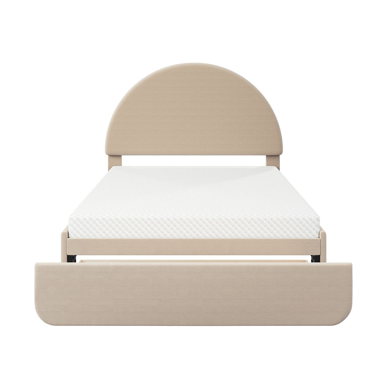 Beige upholstered bed frame with rounded arched headboard and white quilted mattress on a minimalist platform base