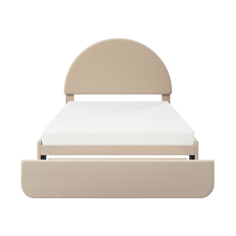 Beige upholstered bed frame with rounded arched headboard and white quilted mattress on a minimalist platform base