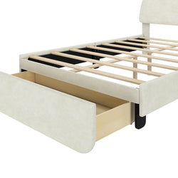 Wooden platform bed frame with open storage drawer in modern bedroom setting.
