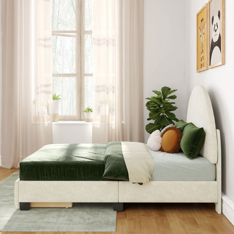 Modern bedroom with cream bed frame and green bedding near large window, featuring plant and decorative pillows.