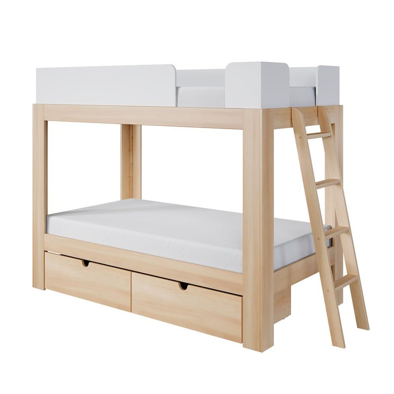 Natural wood loft bunk bed with white guardrails, angled ladder and under-bed storage drawers for kids' bedrooms