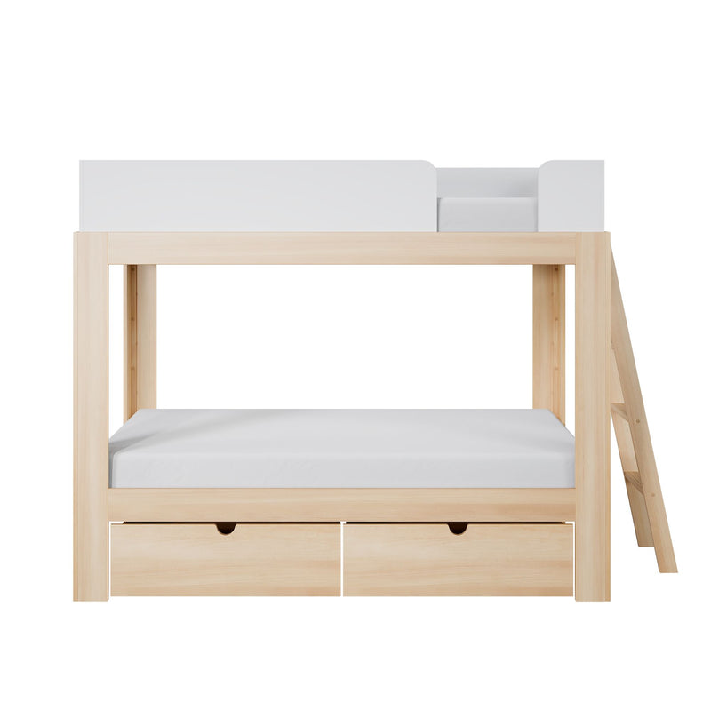 Natural wood loft bed with white guardrail and twin mattress, space-saving children's bunk bed featuring built-in storage drawers and side ladder