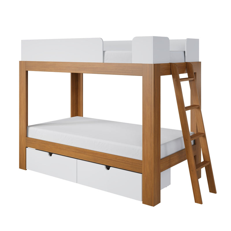 Natural oak wooden loft bunk bed with ladder, white safety guardrails and under-bed storage drawers, space-saving modern kids' twin bed