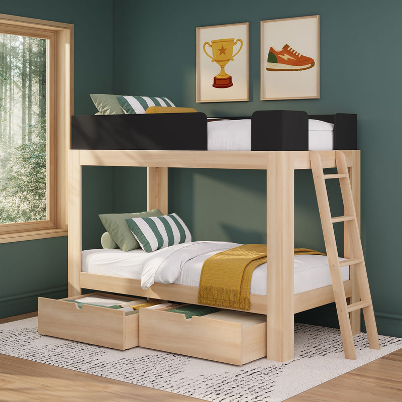 Wooden loft bunk bed with built-in under-bed storage drawers and ladder in modern kids' bedroom with green accent wall and striped pillows