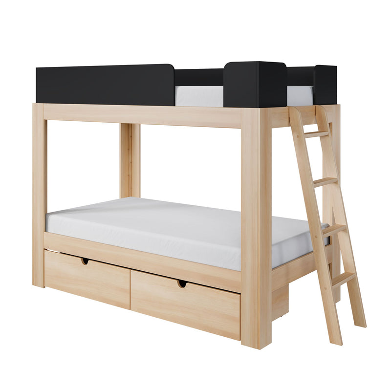 Natural wood loft bunk bed with ladder, black safety guardrails, twin mattresses and built-in under-bed storage drawers, space-saving design