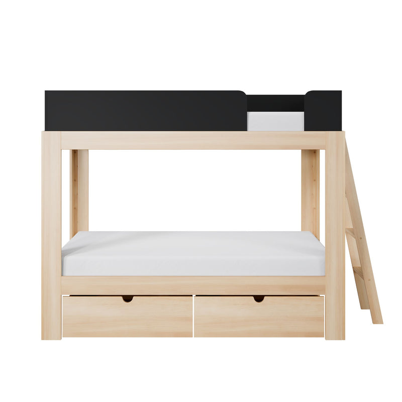 Natural wood kids loft bed with black safety guardrail and ladder, white mattress and built-in under-bed storage drawers