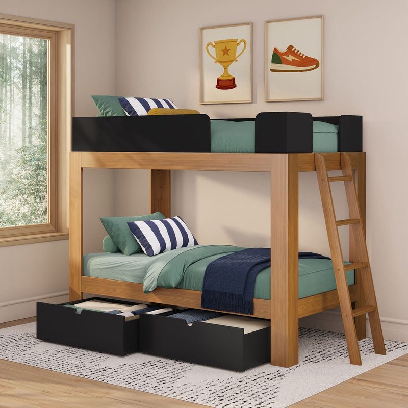 Modern wooden loft bunk bed with pull-out underbed storage drawers, green bedding and striped pillows in a kids' room with framed trophy and sneaker wall art
