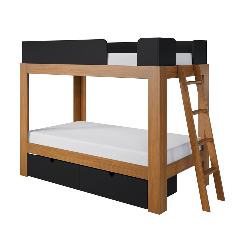 Modern solid wood twin loft bed with ladder, black safety rails and underbed storage drawers, white mattress and natural oak finish