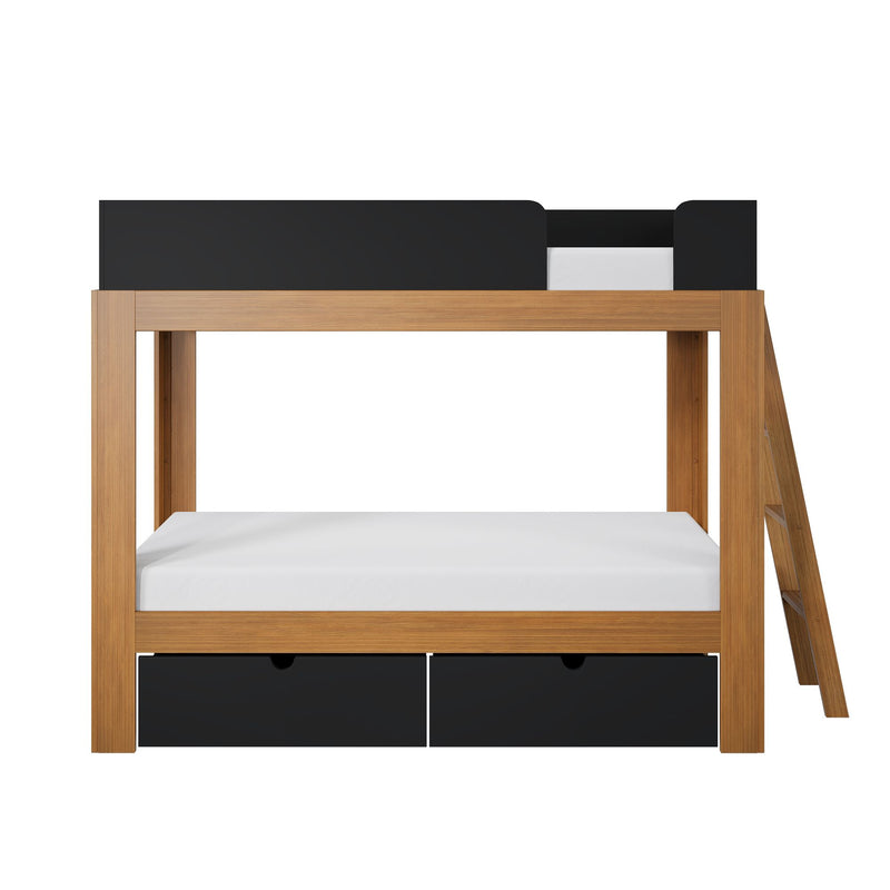 Natural oak space-saving loft bed with black safety rails, built-in ladder and under-bed storage drawers and twin white mattress