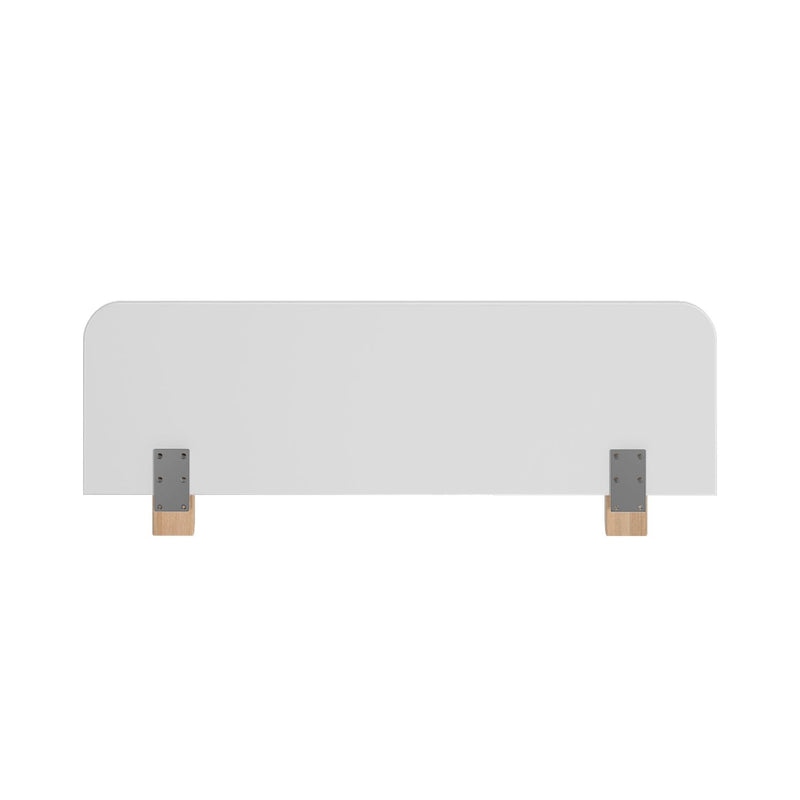 White modern headboard panel with metal accents and wooden base.