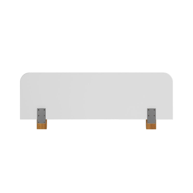 White bench backrest with wooden hardware and metal brackets, modern minimalist design.