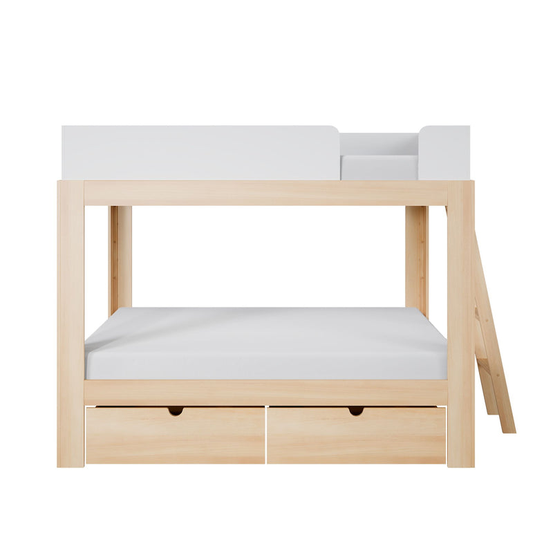 Minimalist natural wood loft bed with white guardrail, mattress platform and two under-bed storage drawers
