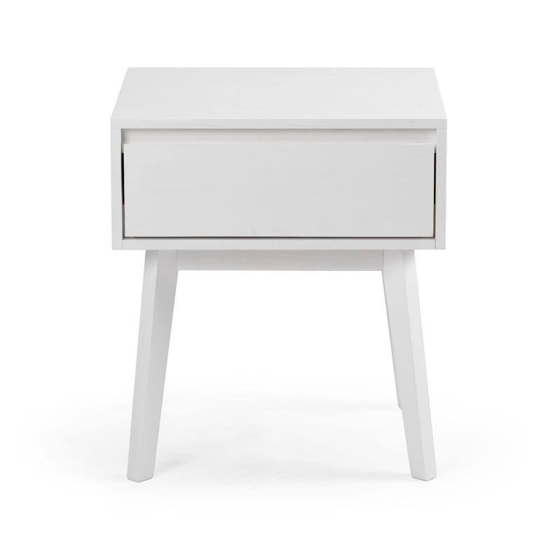 White modern nightstand with drawer on angled legs for bedroom decor.