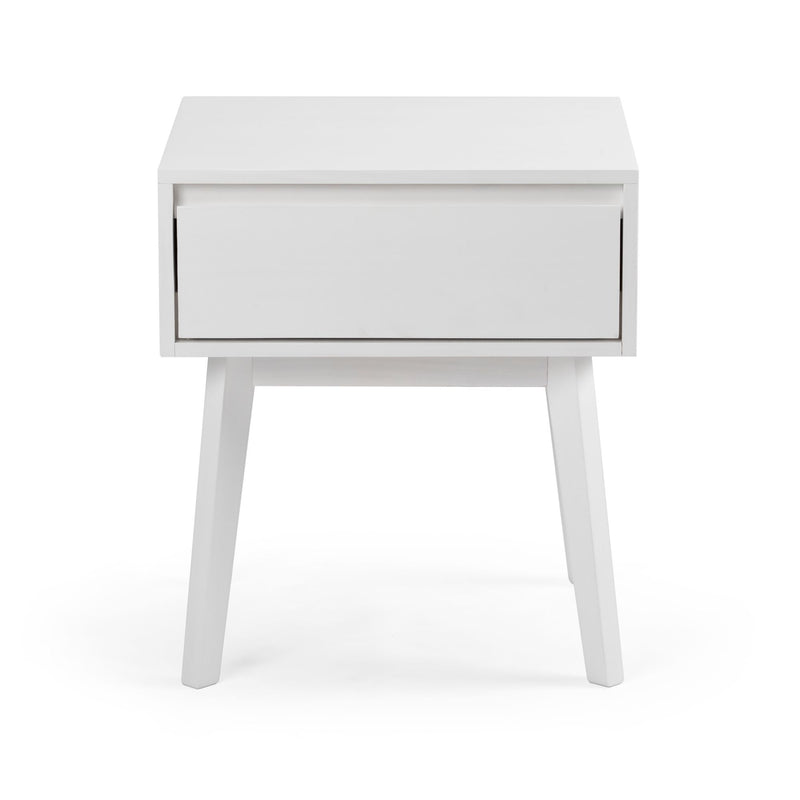 Modern white nightstand with single drawer and angled legs, minimalist bedside table with storage isolated on white background