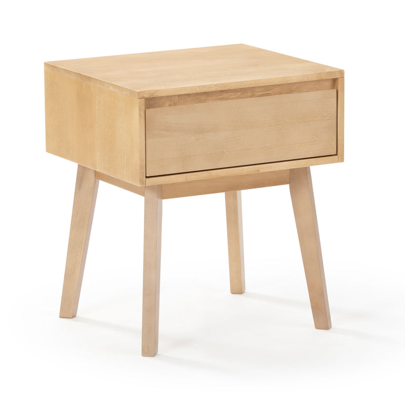 Light wood nightstand with single drawer and tapered mid-century modern legs, bedside table